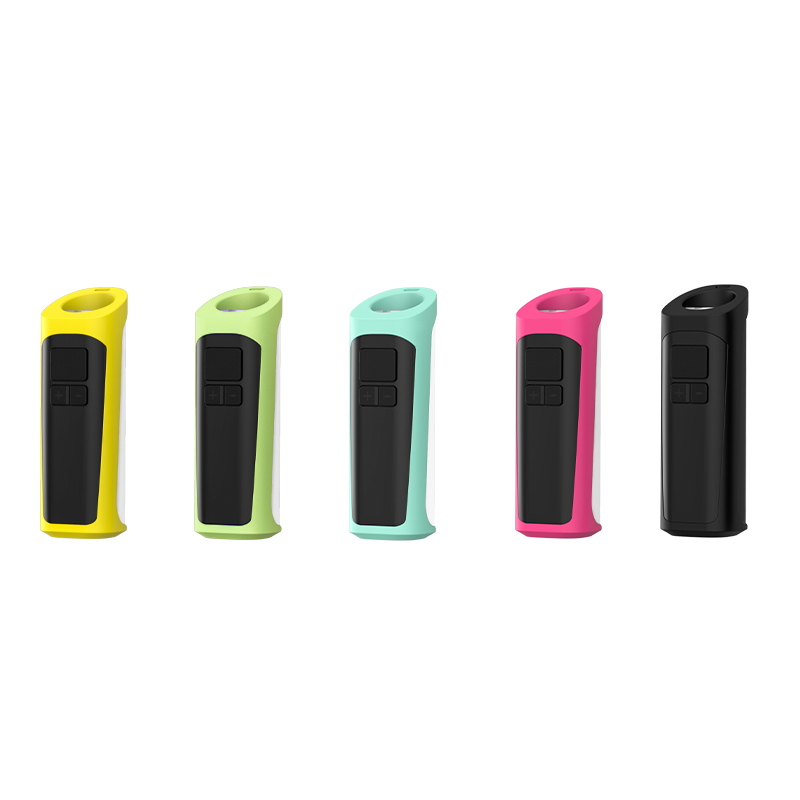 A group of different colored TIK20 Batteries with OLED screen on a white background.