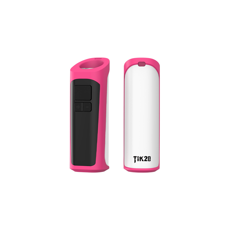 A TIK20 Battery - OLED screen, a pink and white portable charger.