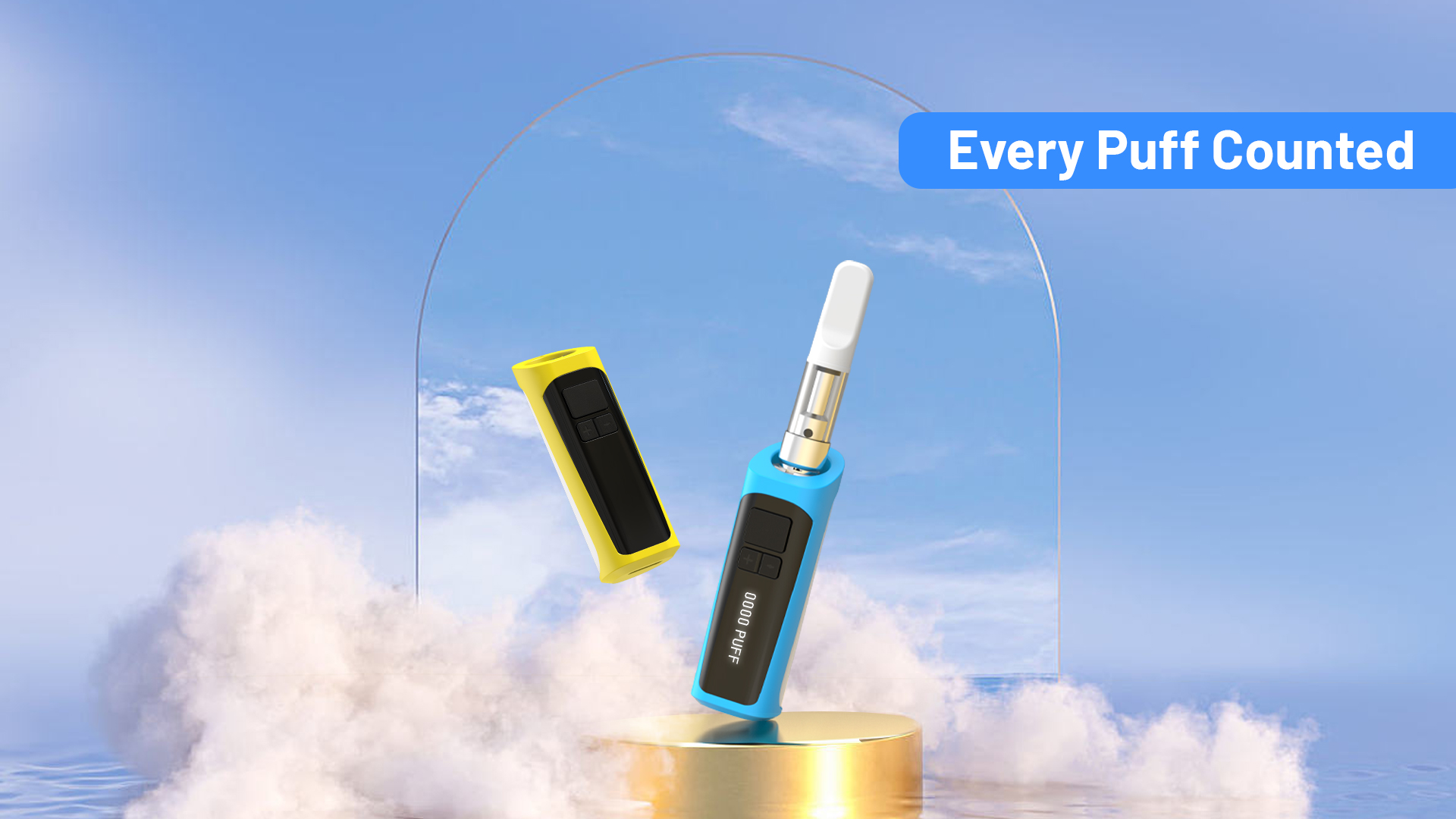 A blue and yellow TIK20 Battery vaporizer with an OLED screen.