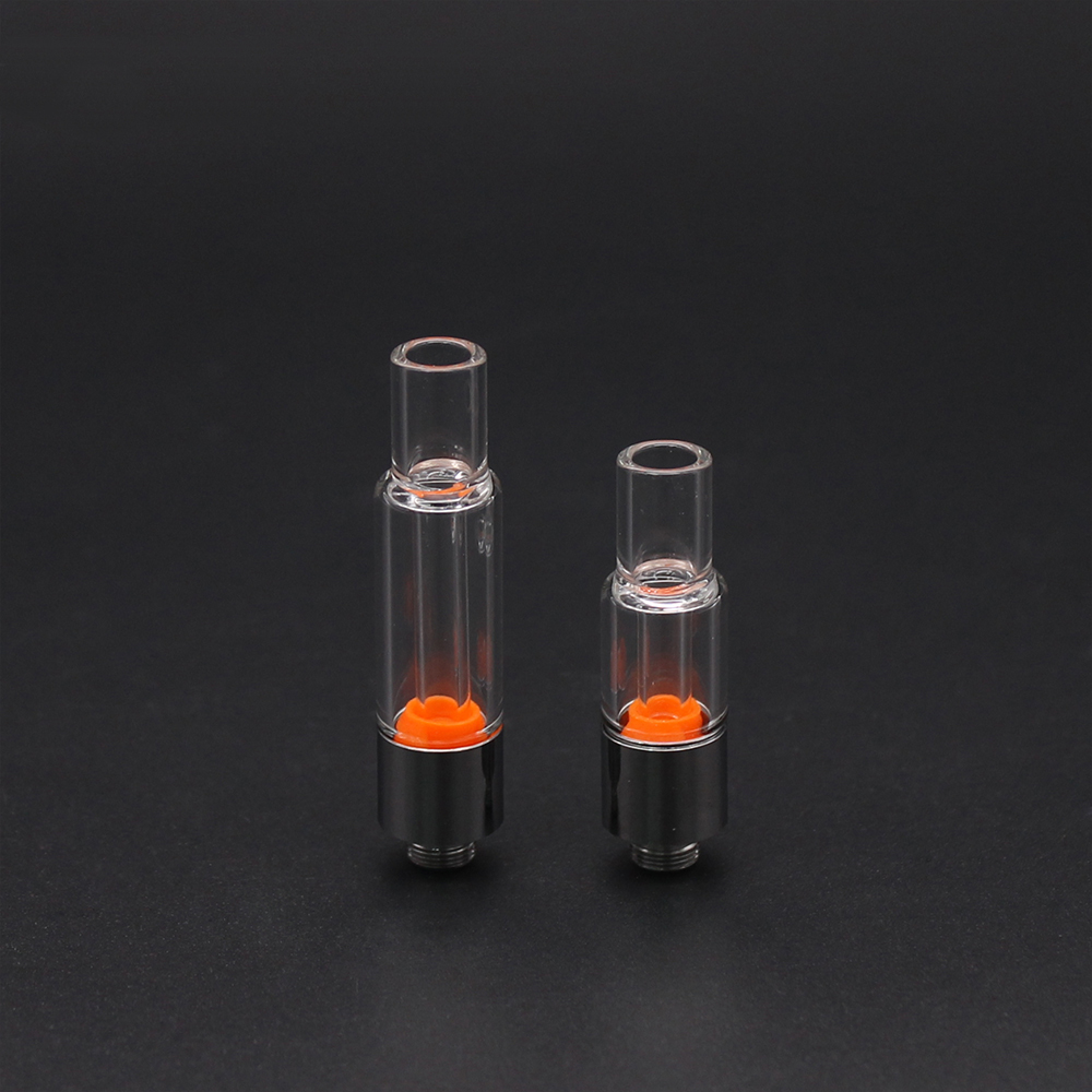 Clear glass tubes with orange lights on a black surface, resembling a VG02 - 1ml - Full Glass all glass vape cartridge.